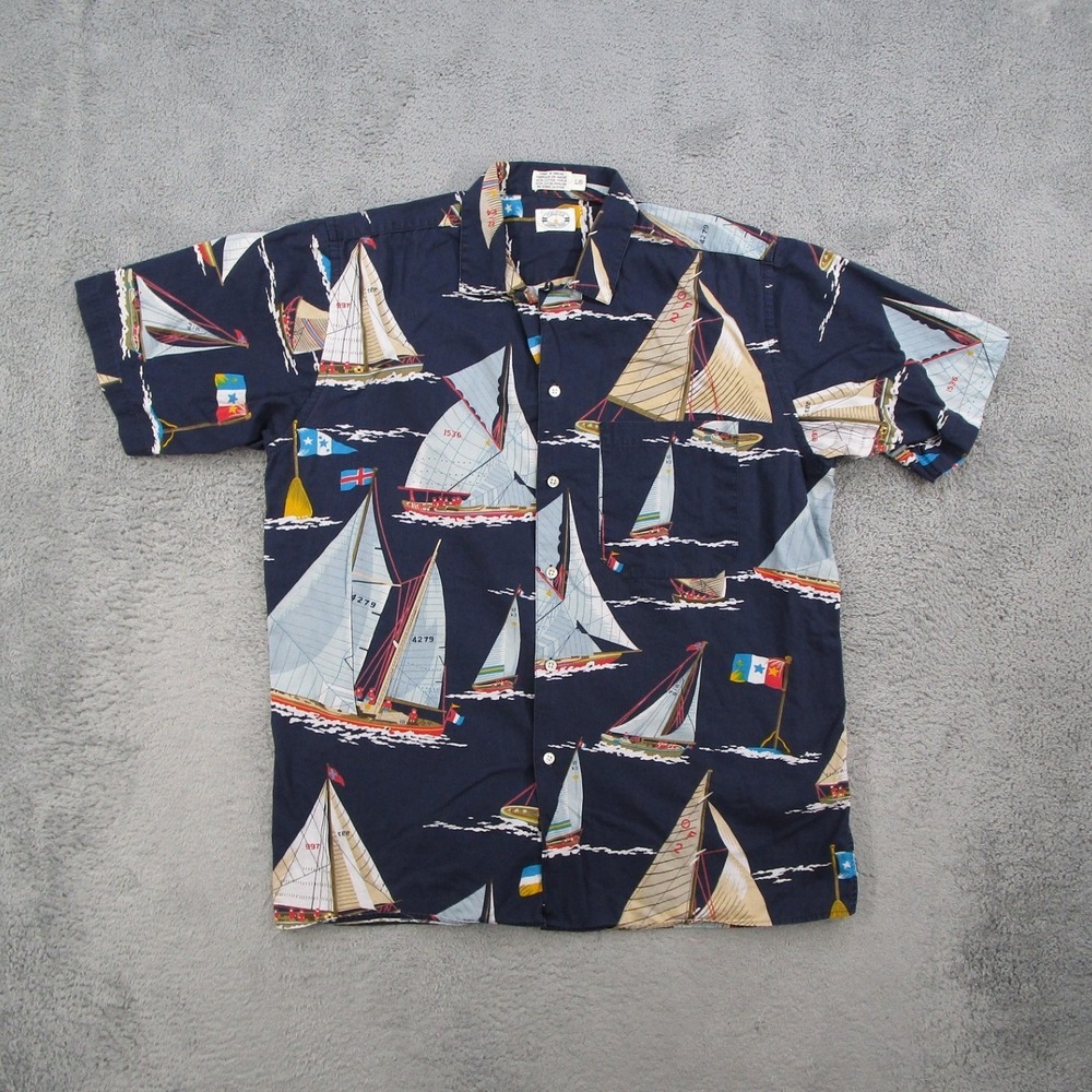 Nautica Competition Mens Large Blue Sailboat Print Poplin Shirt Y2K Loop Collar